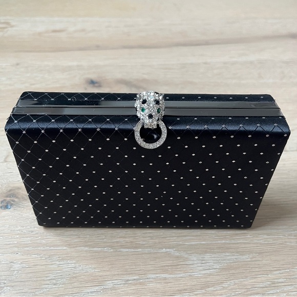 EUC KENNETH JAY LANE BLACK SATIN CLUTCH BAG RHINESTONE LEOPARD KISSLOCK CLASP - Picture 1 of 9